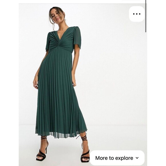 New ASOS Pleated Bodice Flutter Sleeve Pleated Dress Pine Green Fairycore Sz.4 - Picture 9 of 16